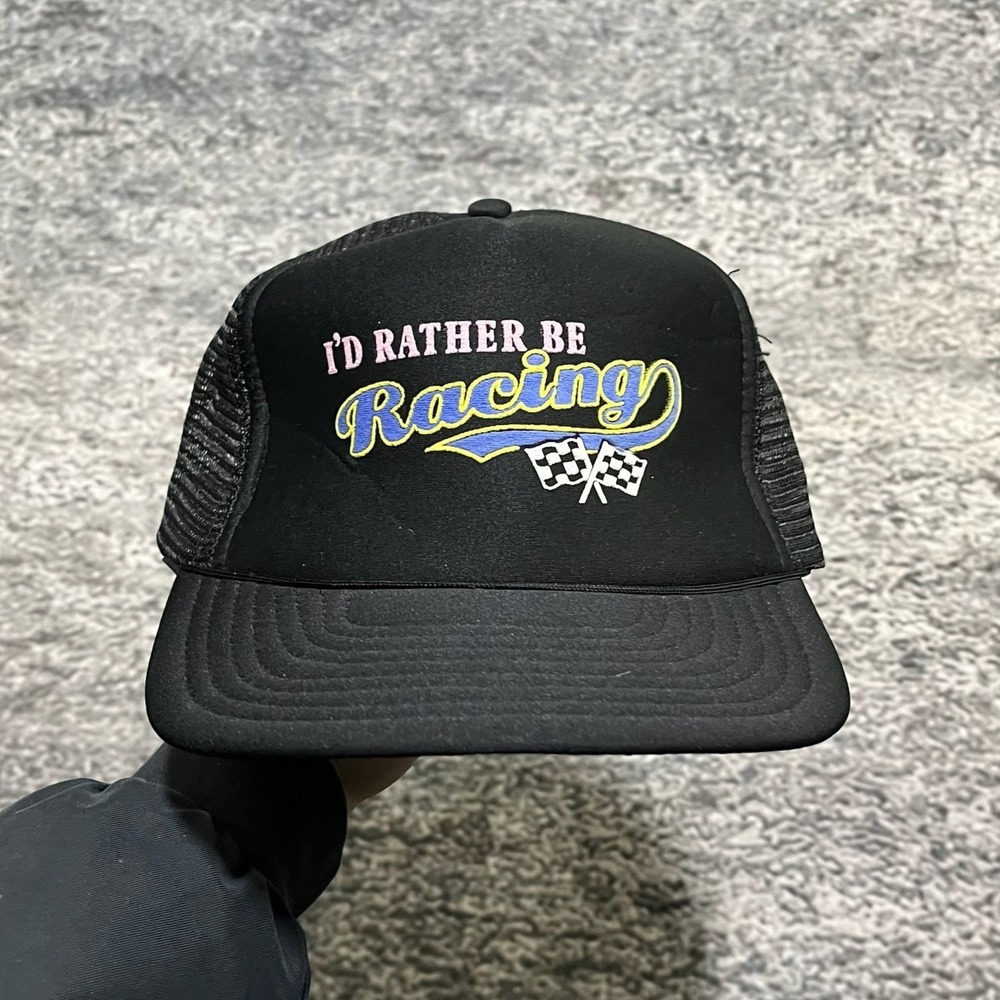 Vintage 90s "I'd Rather Be Racing" Trucker Hat Snapback Black Adjustable Cap